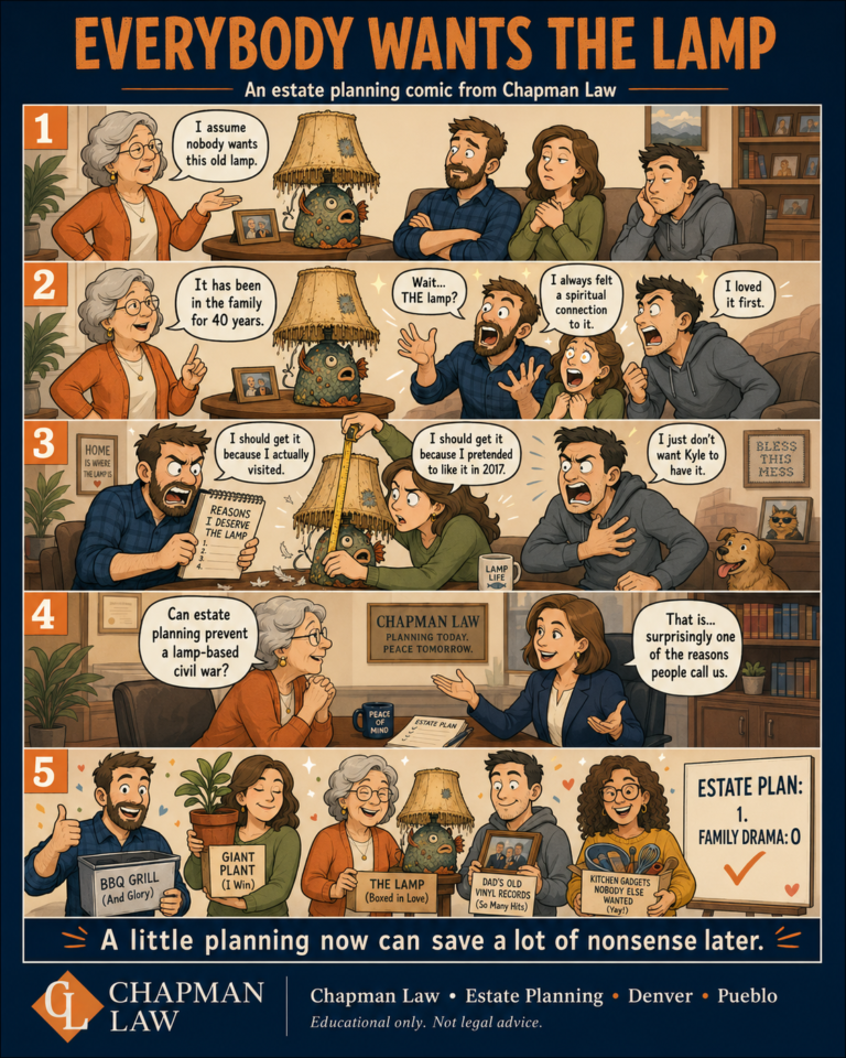 Comic-style estate planning image showing a family fighting over an old lamp, illustrating how estate planning can prevent family conflict over sentimental personal items.