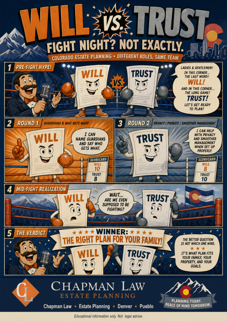 Comic-style estate planning graphic showing Will vs. Trust as boxing opponents, explaining that the real winner is the right estate plan for your family.