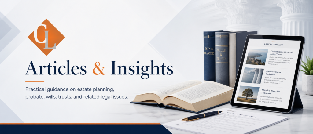 Articles and Insights banner for Chapman Law featuring the firm logo and estate planning, probate, wills, and trusts resources.