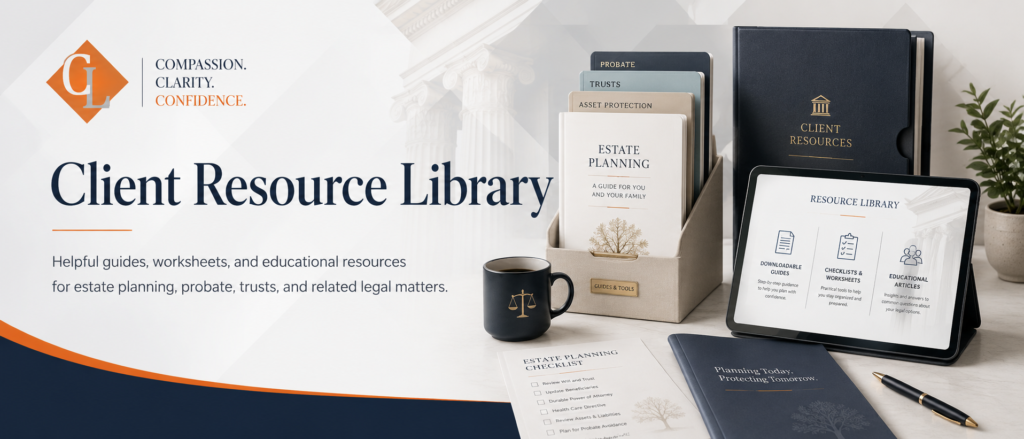 Client Resource Library banner for Chapman Law featuring the firm logo and estate planning guides, worksheets, and legal resources.