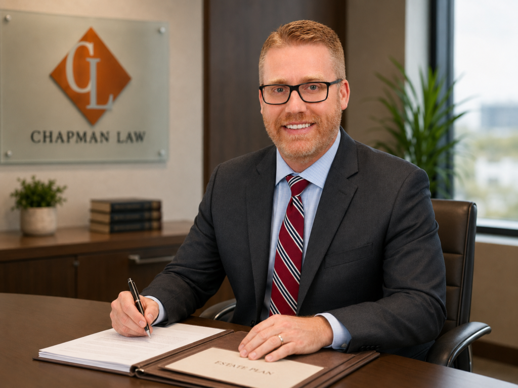Daniel Chapman, Colorado estate planning attorney at Chapman Law, reviewing estate planning documents in a professional law office.