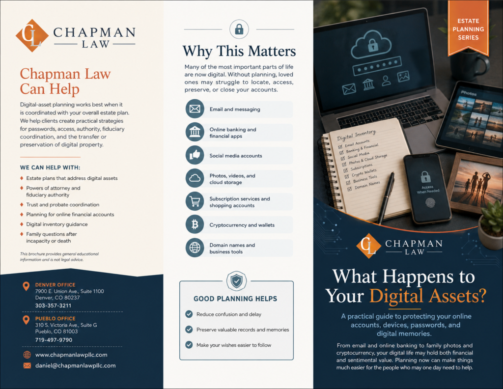 Chapman Law brochure titled What Happens to Your Digital Assets, a guide to digital asset planning, online accounts, passwords, devices, and digital memories.